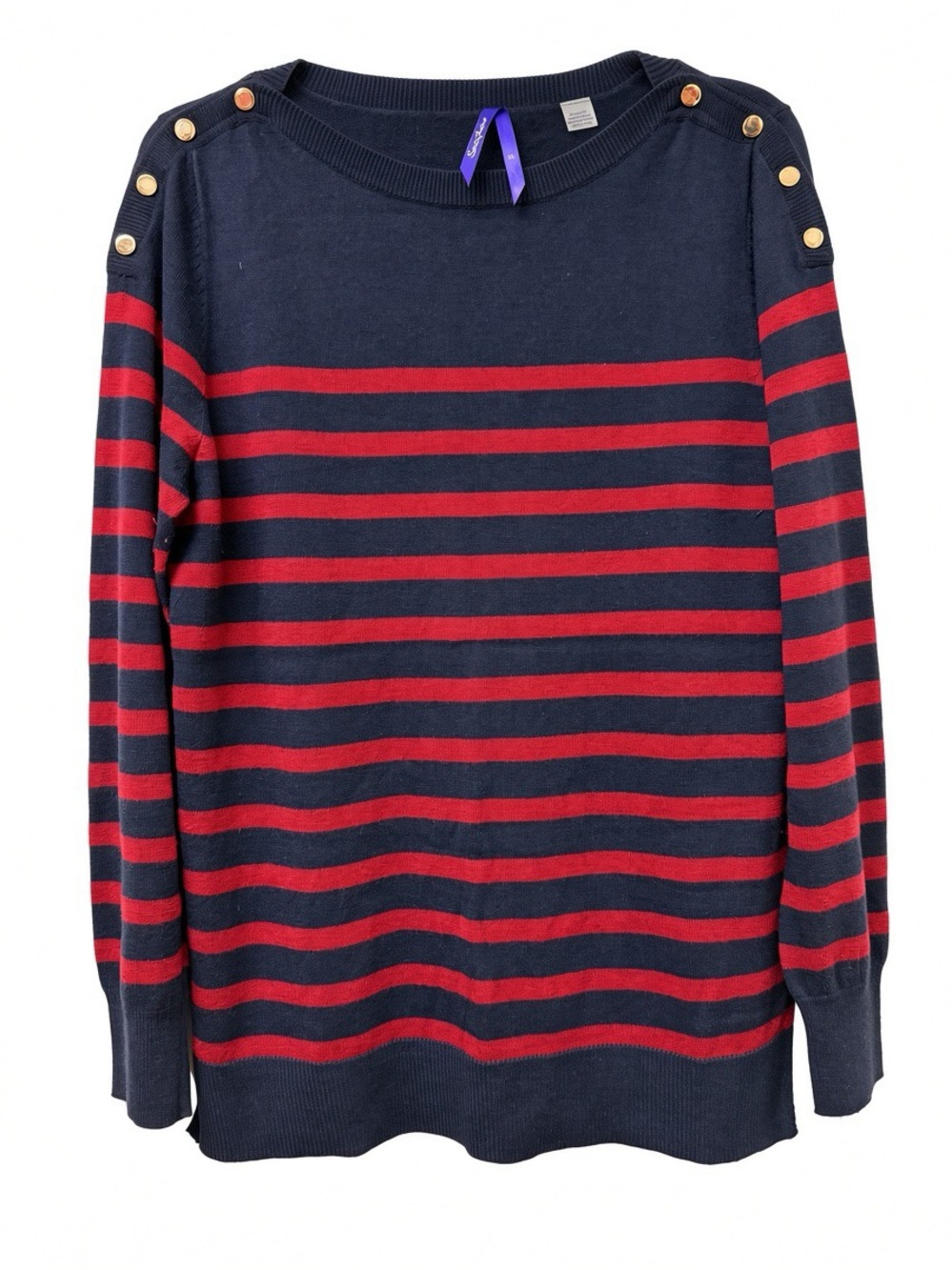 Seraphine Maternity Navy and Red Striped Crewneck Sweater with Shoulder Buttons